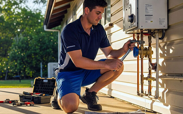 Plumber Fixing Hot Water Unit